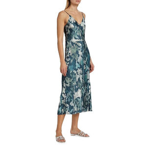 VINCE NEW Shimmer Lake Crushed Satin Cami Midi Dress Blue Floral Large V Neck
